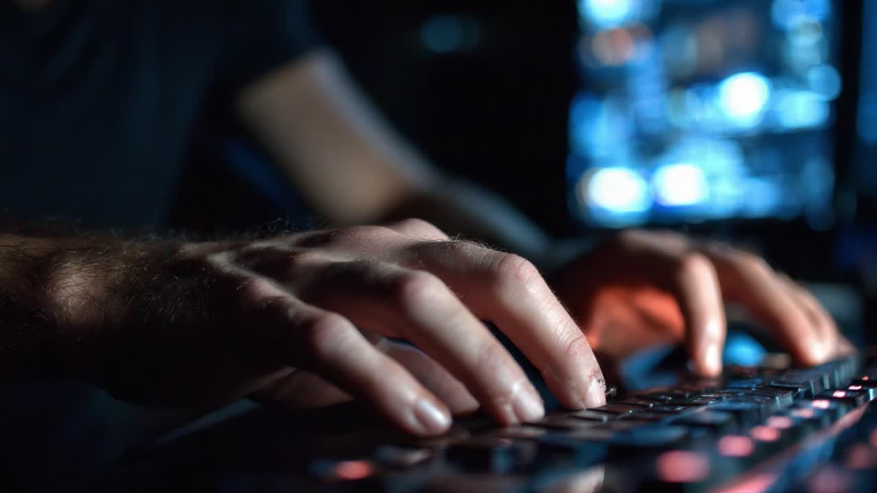 Focused Hands Typing on a Keyboard in a Dimly Lit Environment, Capturing the Intensity of a Creative or Professional Digital Engagement