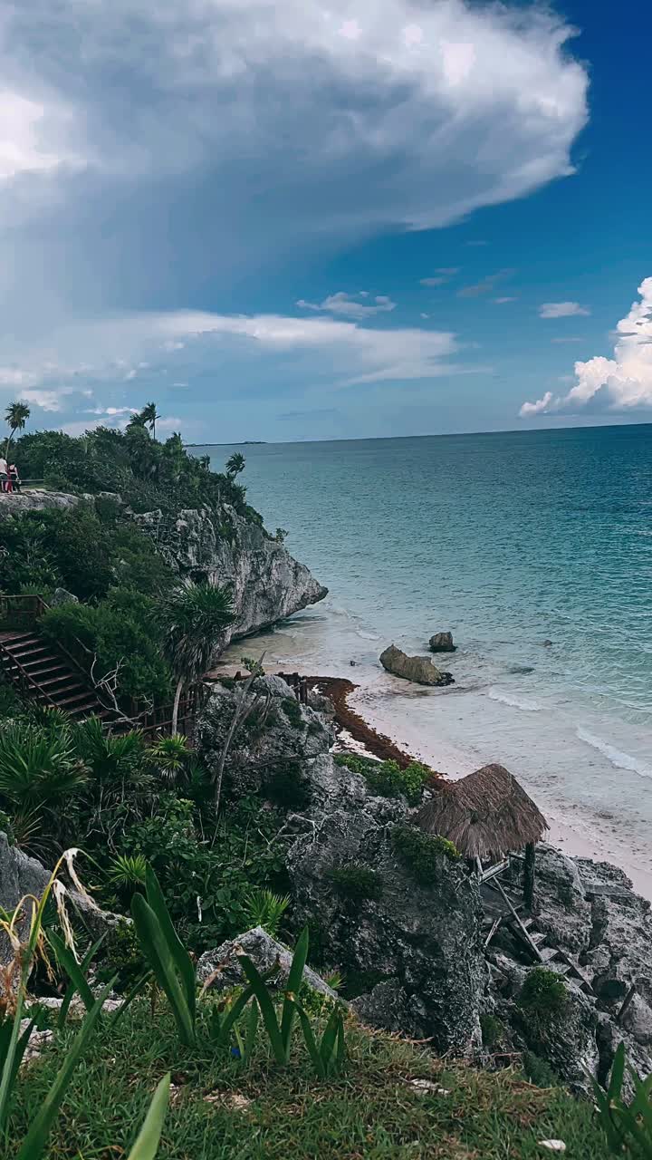 escena de playa de acantilado tropical con vista al océano