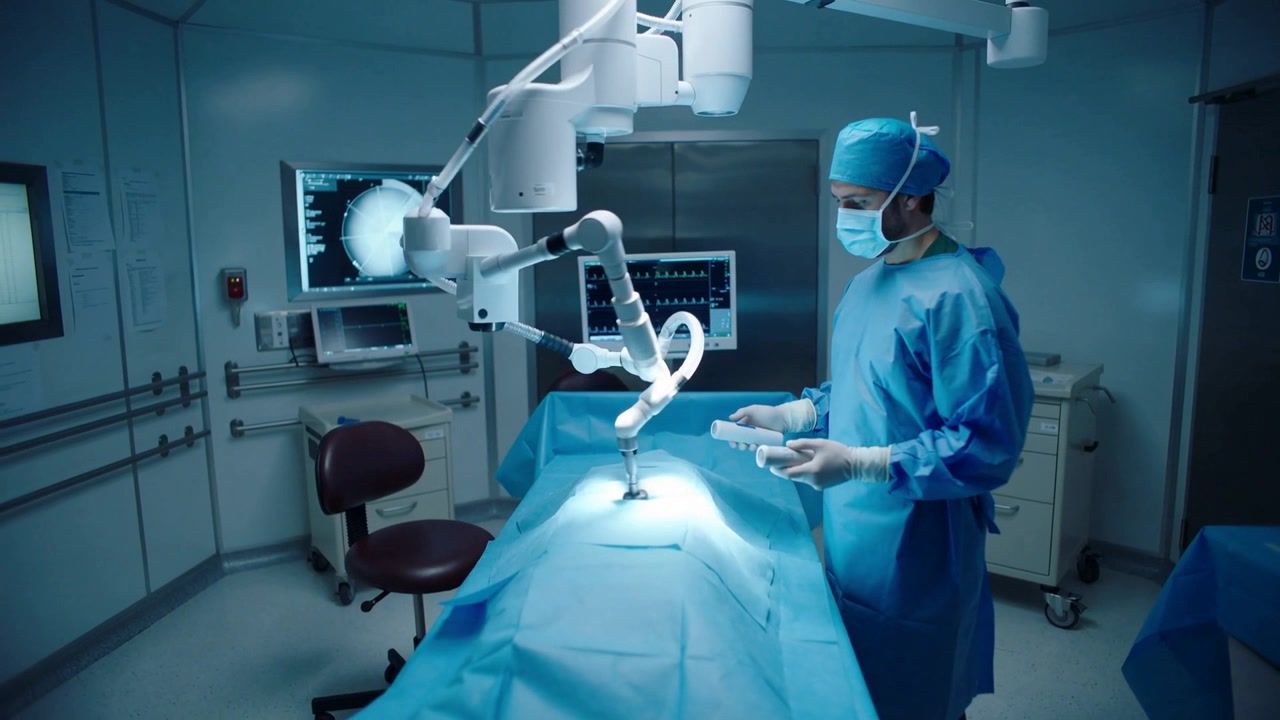 Controlling surgeon adjusting robotic arm in OR guided by brain scan, using controller, copy space