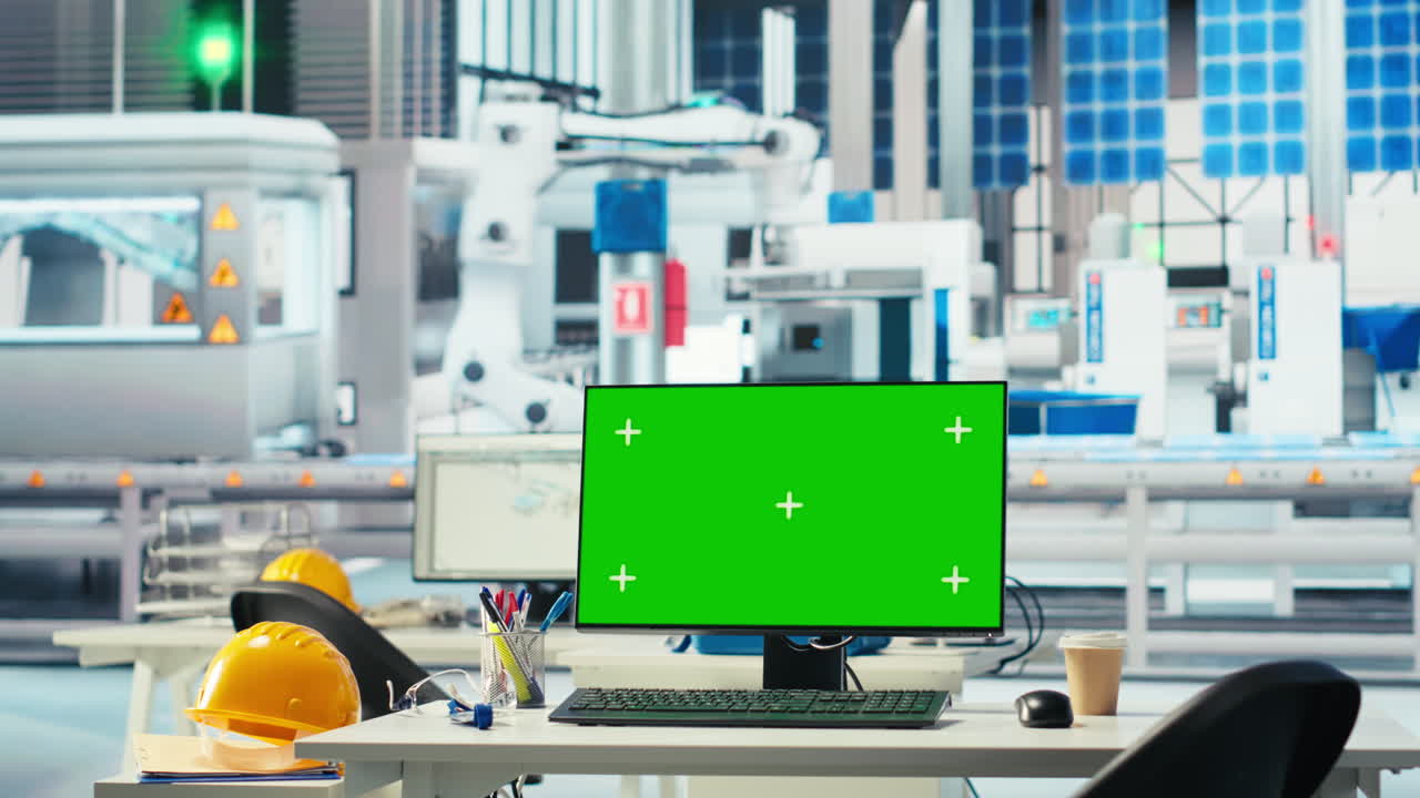 태양광 공장 기계를 검사하는 데 사용되는 빈 시설의 모형 컴퓨터