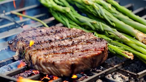 bistec a la parrilla con espárragos en la barbacoa