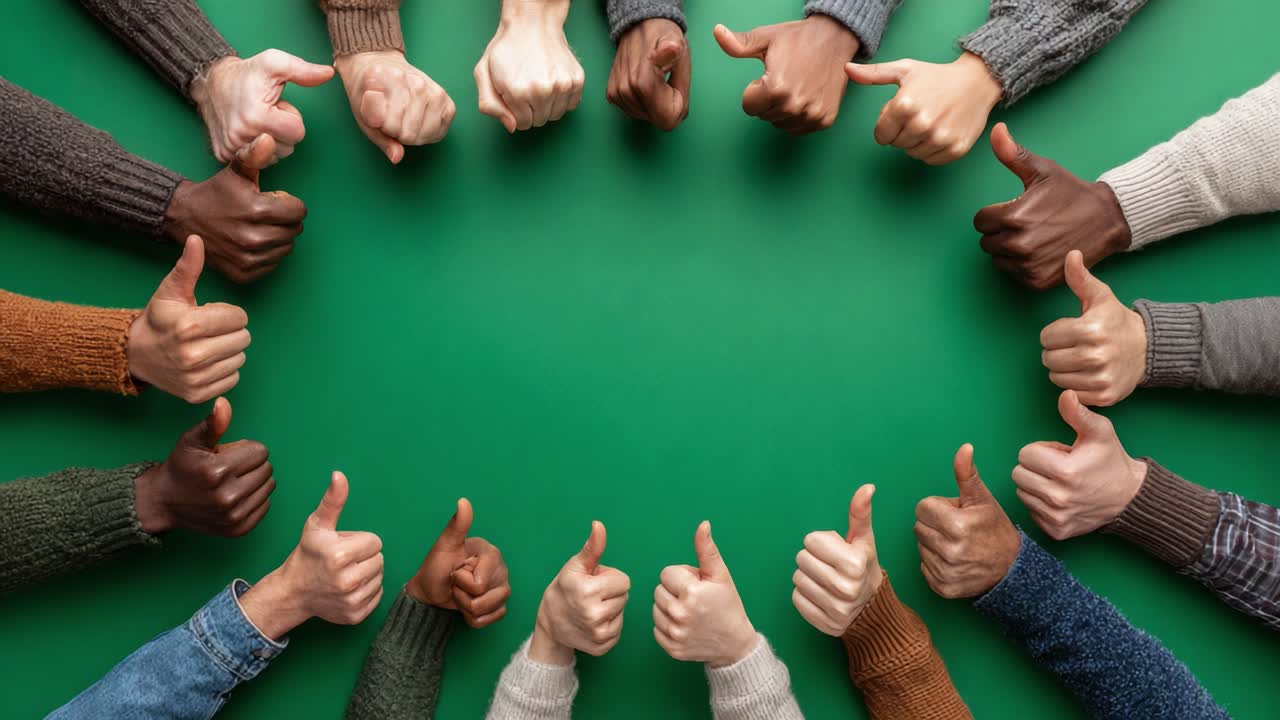 Un círculo de aprobación: manos de diversos orígenes se unen con pulgares arriba sobre un fondo verde brillante, lo que significa positividad y apoyo