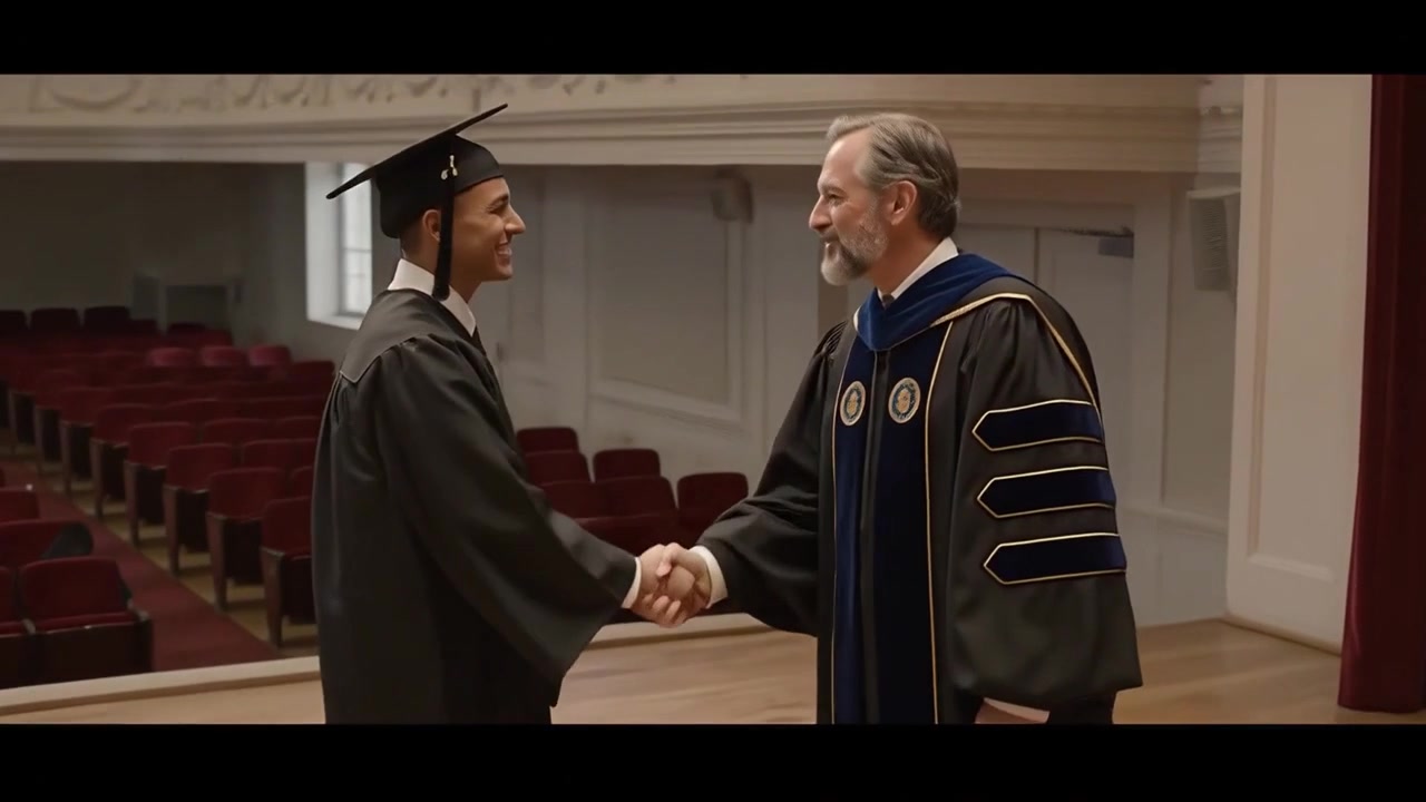 Graduate Student Shaking Hands with Professor on Stage at Commencement Ceremony