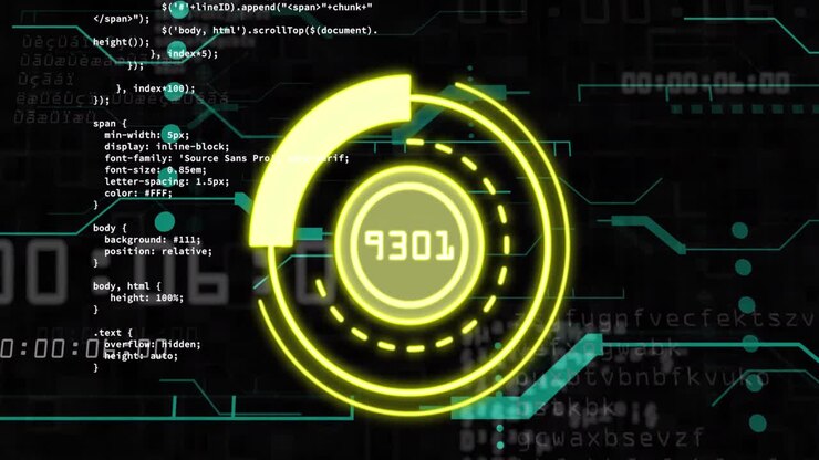 Animation of data processing with scope scanning on black background
