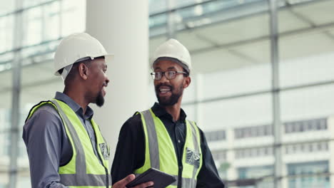 Teamwork,-tablet-and-engineer-people-talking