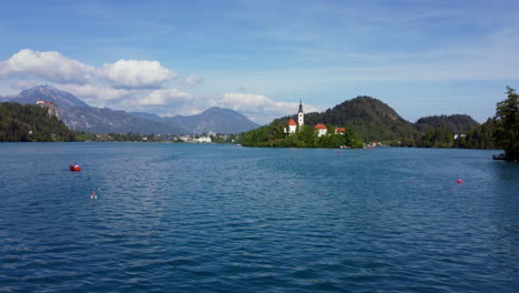 a flying drone shot of lake bled, slovenia