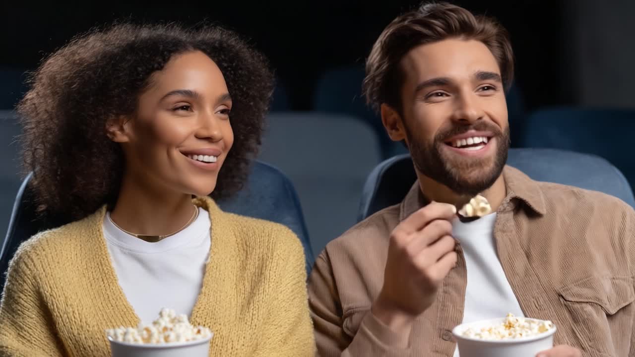 Enjoying a Cozy Movie Night: A Couple's Joyful Experience with Popcorn and Laughter in a Theater Setting