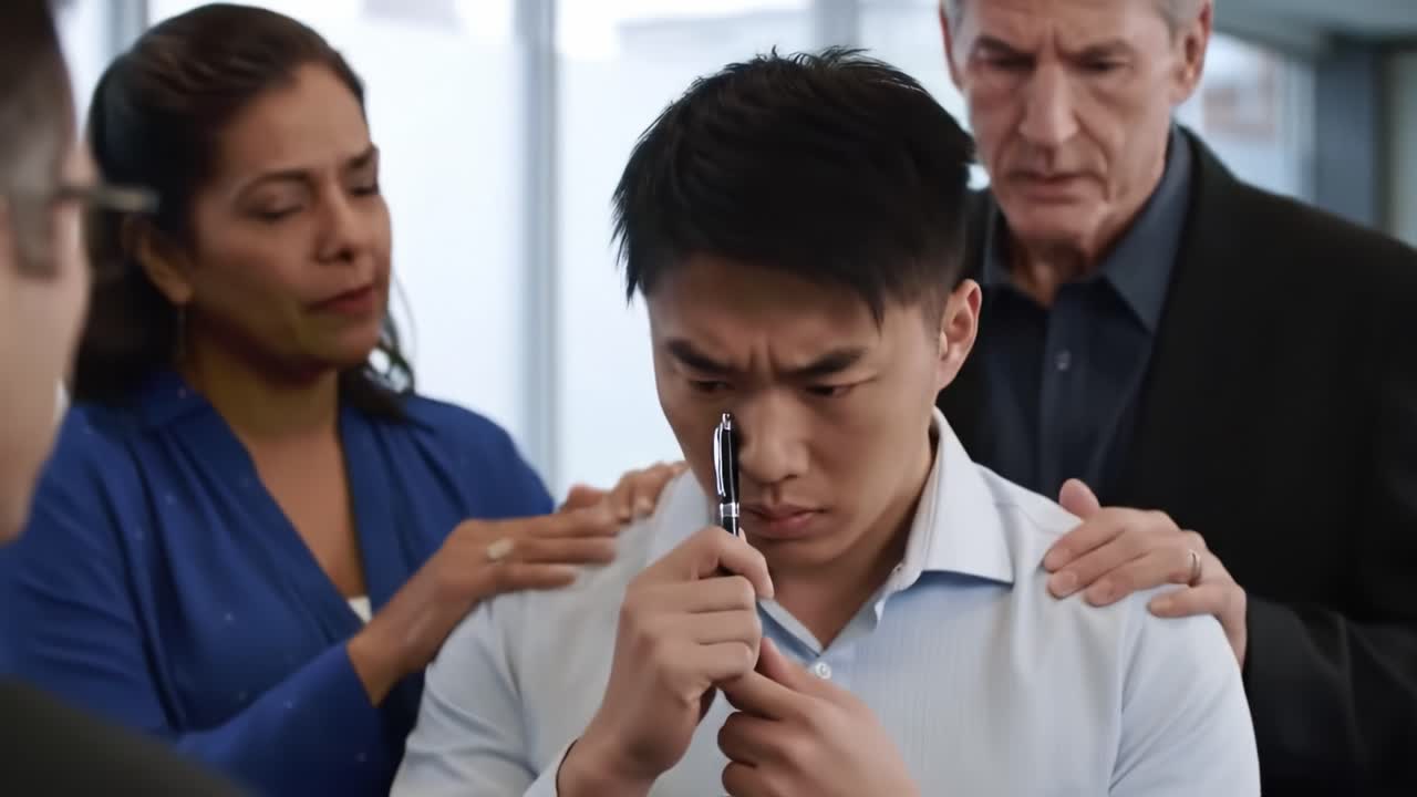 In a modern office, a group discusses a critical issue. Expressions show concern and determination, highlighting the importance of the conversation happening among the team members.