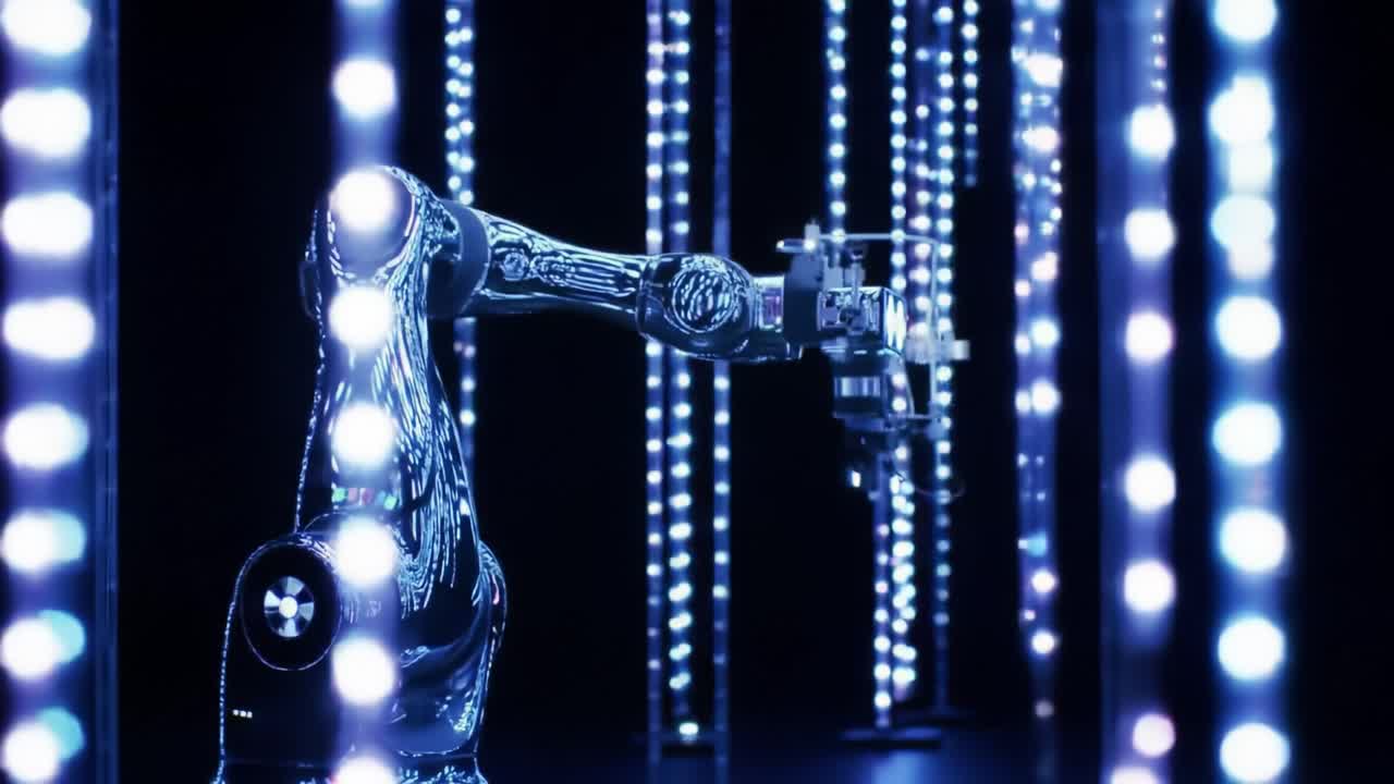 Innovative robotic machinery interacts with mesmerizing lights in a dynamic urban art installation.