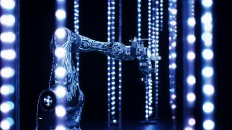 innovative robotic machinery interacts with mesmerizing lights in a dynamic urban art installation.