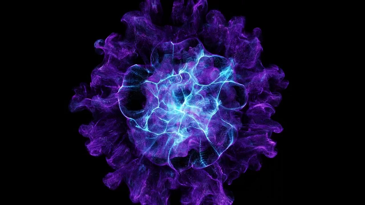 Sfera di energia astratta blu e viola che si espande e si dissolve