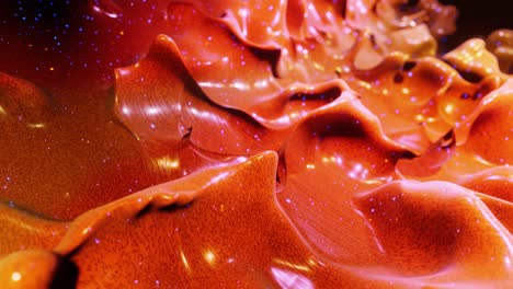 animación abstracta suave de gradiente líquido naranja rojo en 4k. superficie de pintura brillante brillante como fondo festivo en bucle abstracto. brillos en líquido viscoso con salpicaduras 3d en la superficie como gotas.