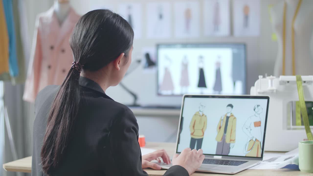 비즈니스 슈트를 입은 아시아 여성 디자이너가 스튜디오에서 노트북으로 옷을 디자인하는 뒷면.