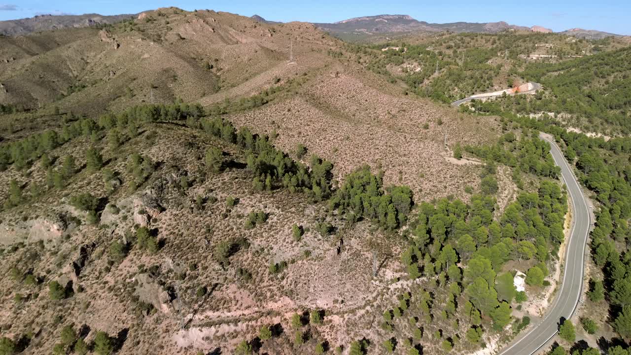 Aerial shot of a lonely road winding through a pine-covered mountain, flanked by dry, rocky terrain