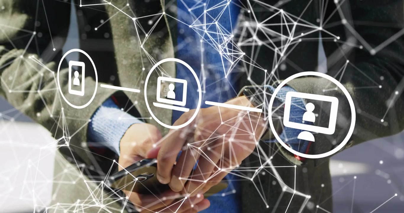 Man checking wrist then reaching phone operating phone for tech while network icons growing denser