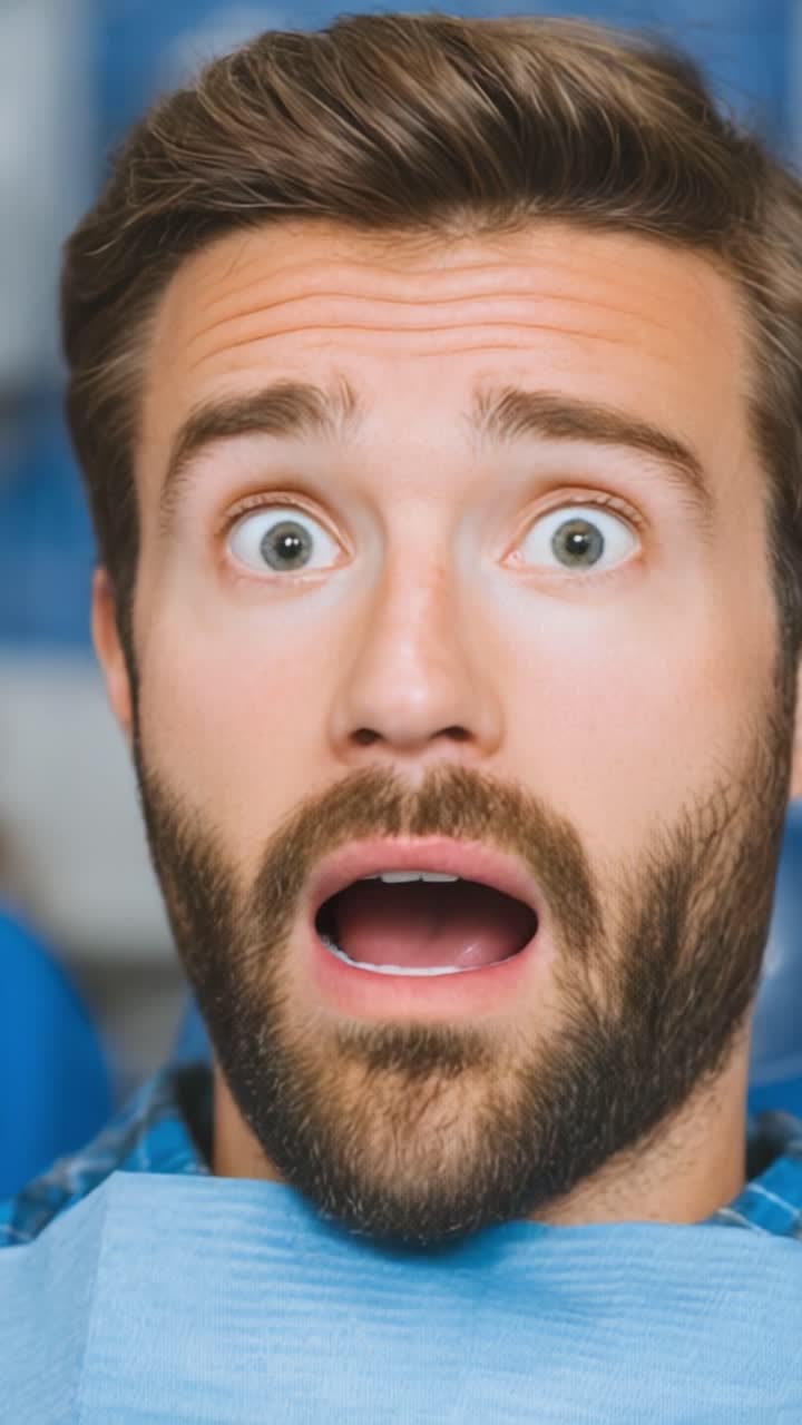 A man's transformation from anxiety to joy during a dental visit, capturing the relatable emotions many experience when facing dental treatments