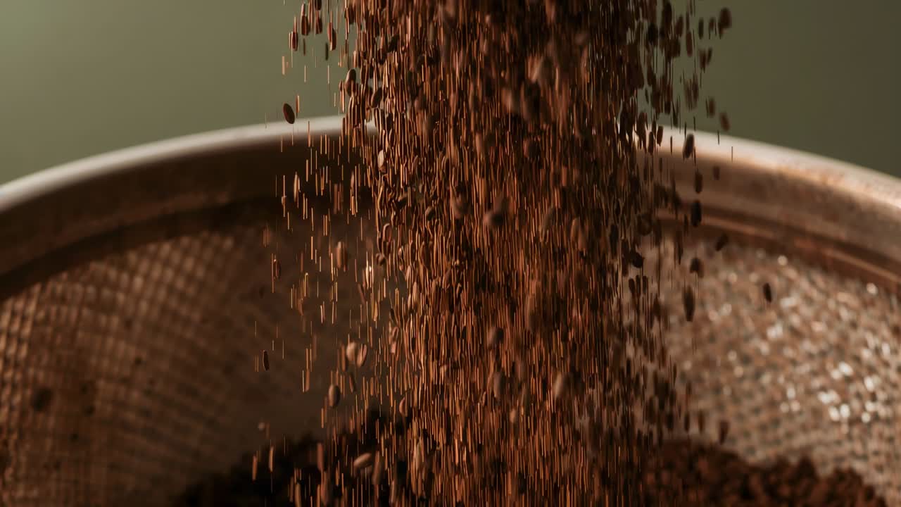 Pouring off-frame spout sending ground coffee through metal mesh strainer on counter, forming pile