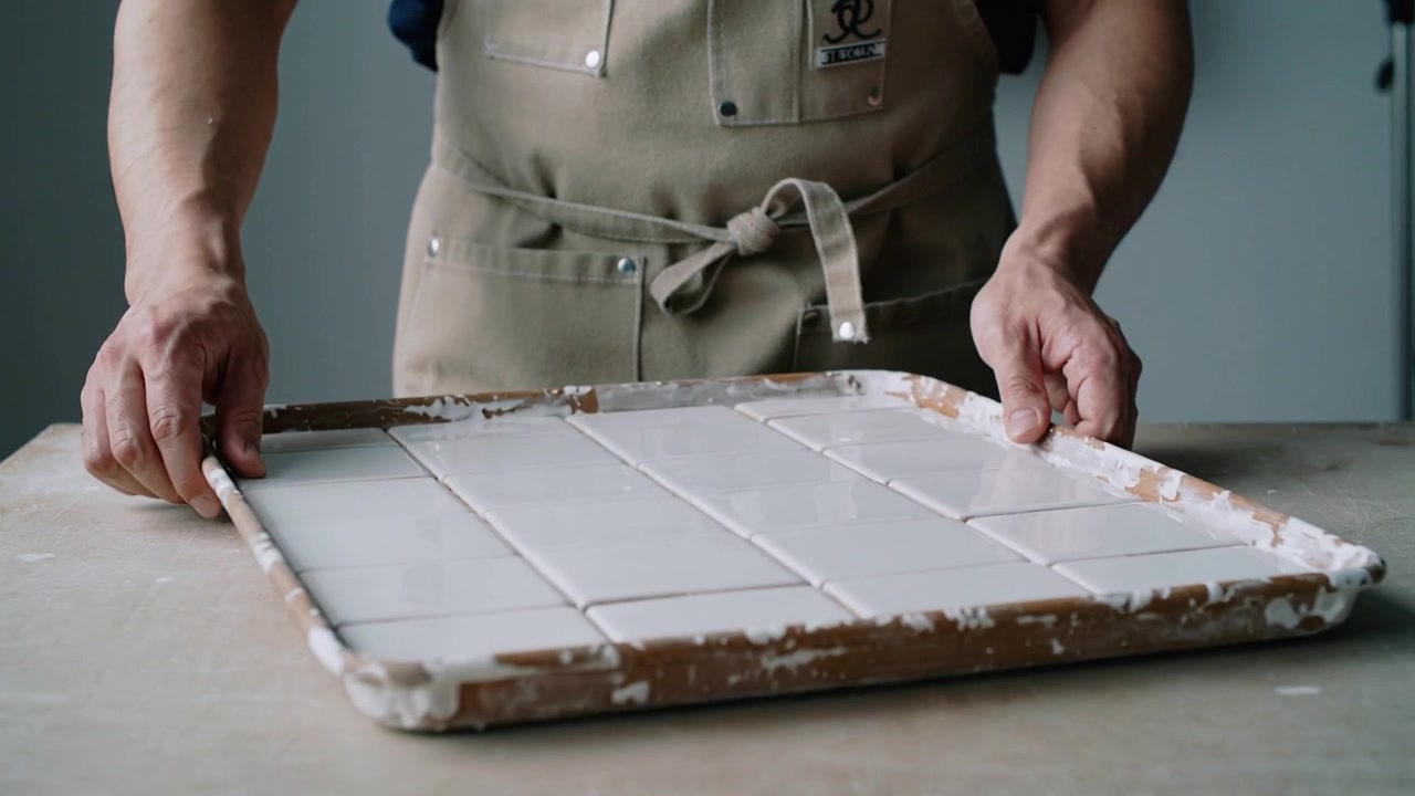 Shifting artisan in beige apron gripping tray and adjusting white slabs on workbench for alignment