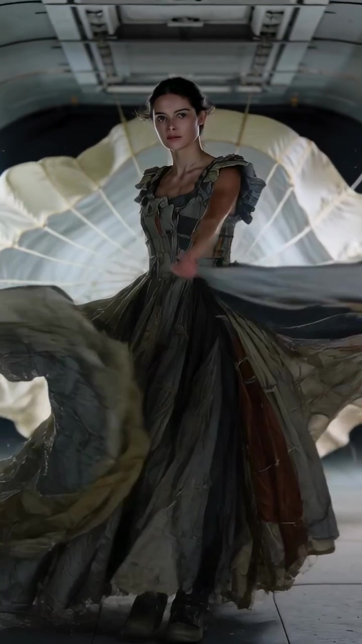 Video verticale: Donna che si gira e volteggia con un abito a corsetto in un'area di carico con tettoia per un film.