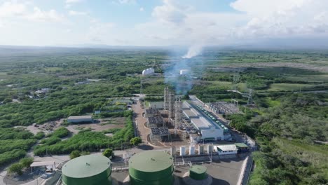 Aerial-around-modern-power-plant-in-Azua,-Dominican-Republic,-scenic-landscape