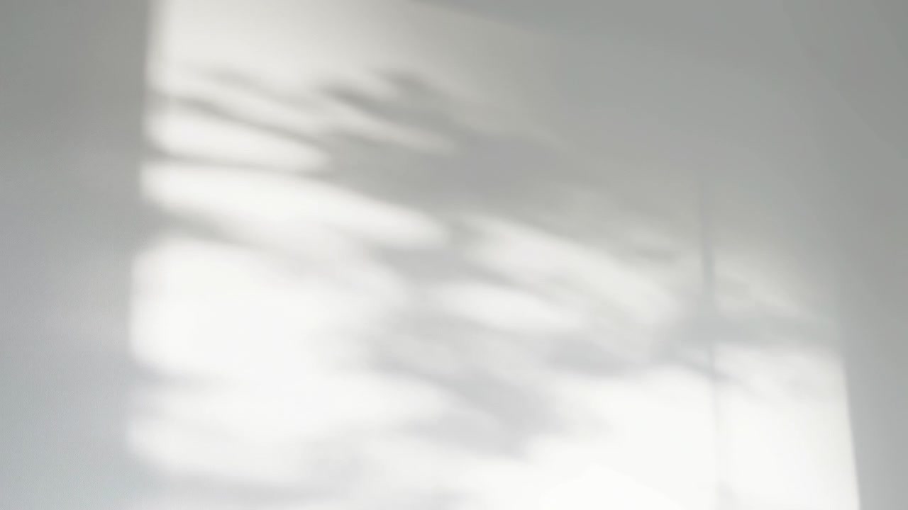 Layered leaf shadows drift across smooth pale plaster surface, gradually expanding while diagonal sunlight bands brighten, edges soften, and organic patterns create calm abstract interior motion