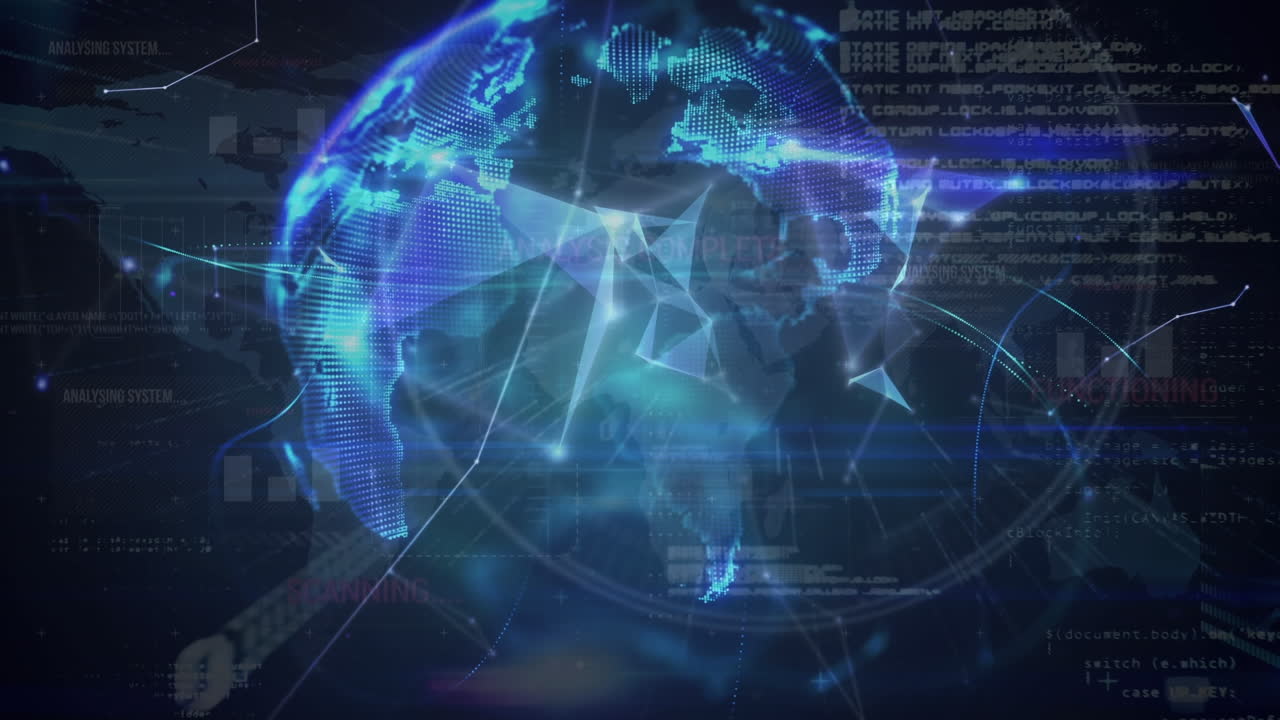 검은 바탕 위의 연결 네트워크와 데이터 처리의 애니메이션