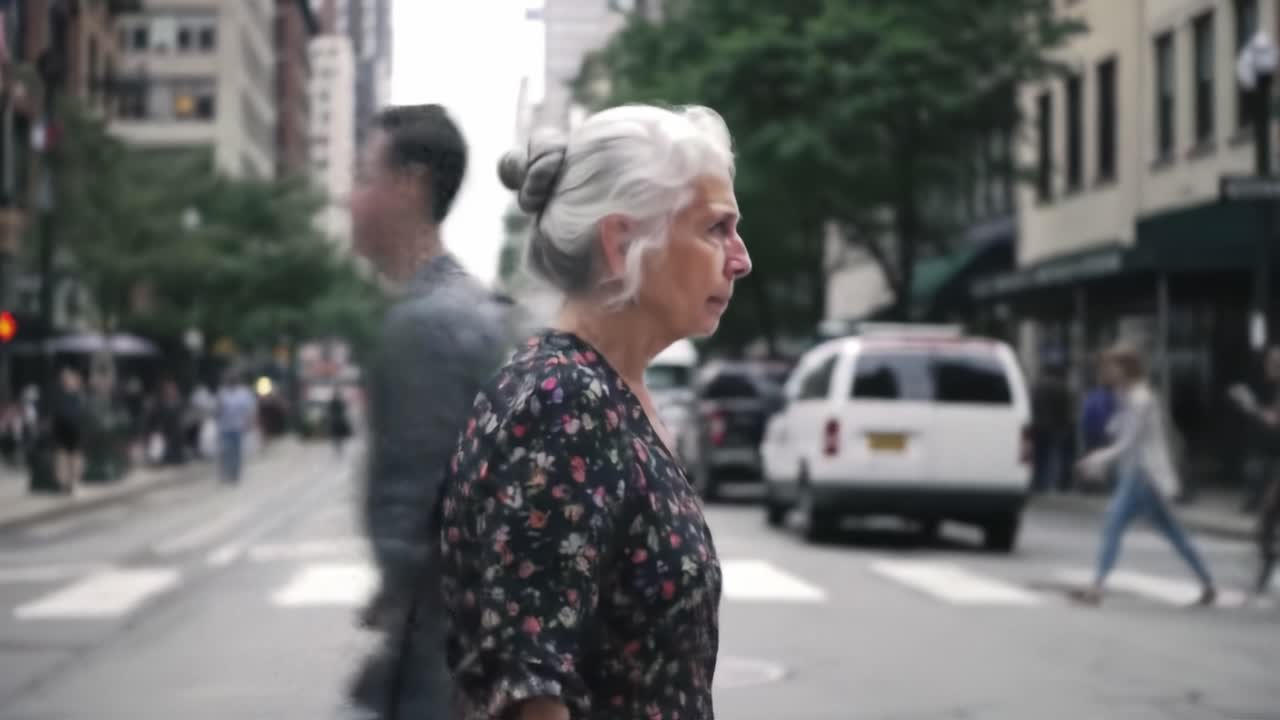 A Reflective Moment: An Elderly Woman Pauses in a Busy Urban Street, Capturing the Essence of Daily Life in the City with a Sense of Contemplation and Awareness.