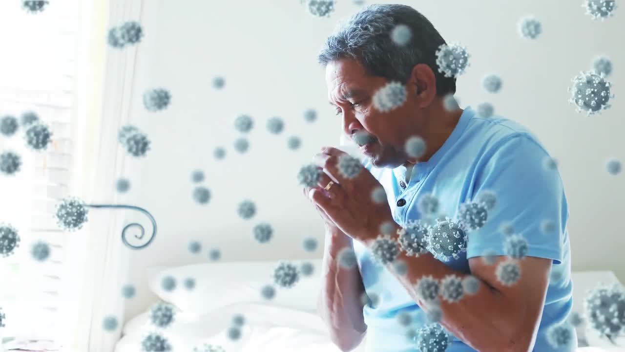 코로나19 세포가 떠다니는 애니메이션 시니어 혼합 인종 남자가 재채기