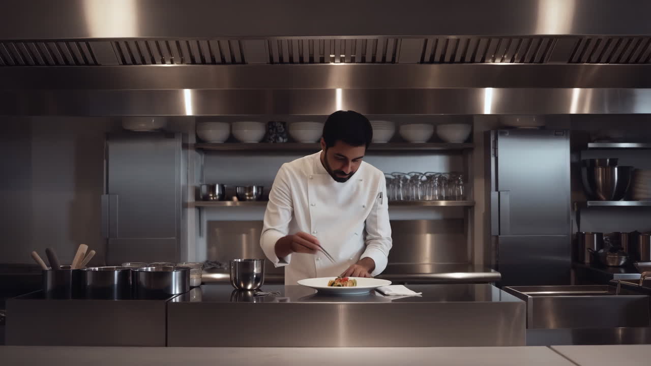A chef meticulously plating food in a modern professional kitchen