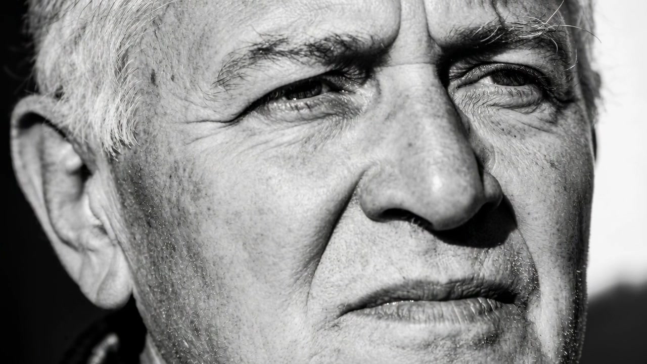 En ældre mand kniber øjnene sammen, vender ansigtet mod højre og strammer læberne i solen udendørs, mørk frakkekrave.