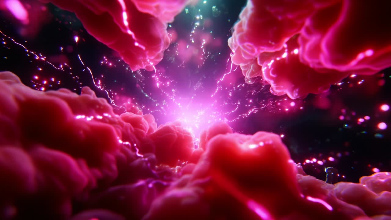 A Journey Through a Vibrant Cosmic Landscape, Where Luminous Energy Pulsates and Clouds of Extraterrestrial Color Inspire Wonder and Imagination, Evoking the Mystery of the Universe and Creation