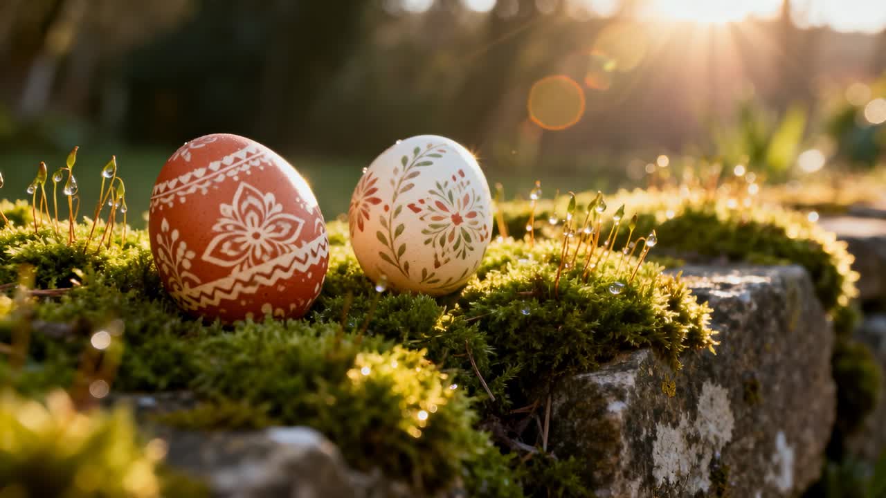 Camera moving closer, showing patterns on two painted eggs resting on mossy park ledge, sun flare