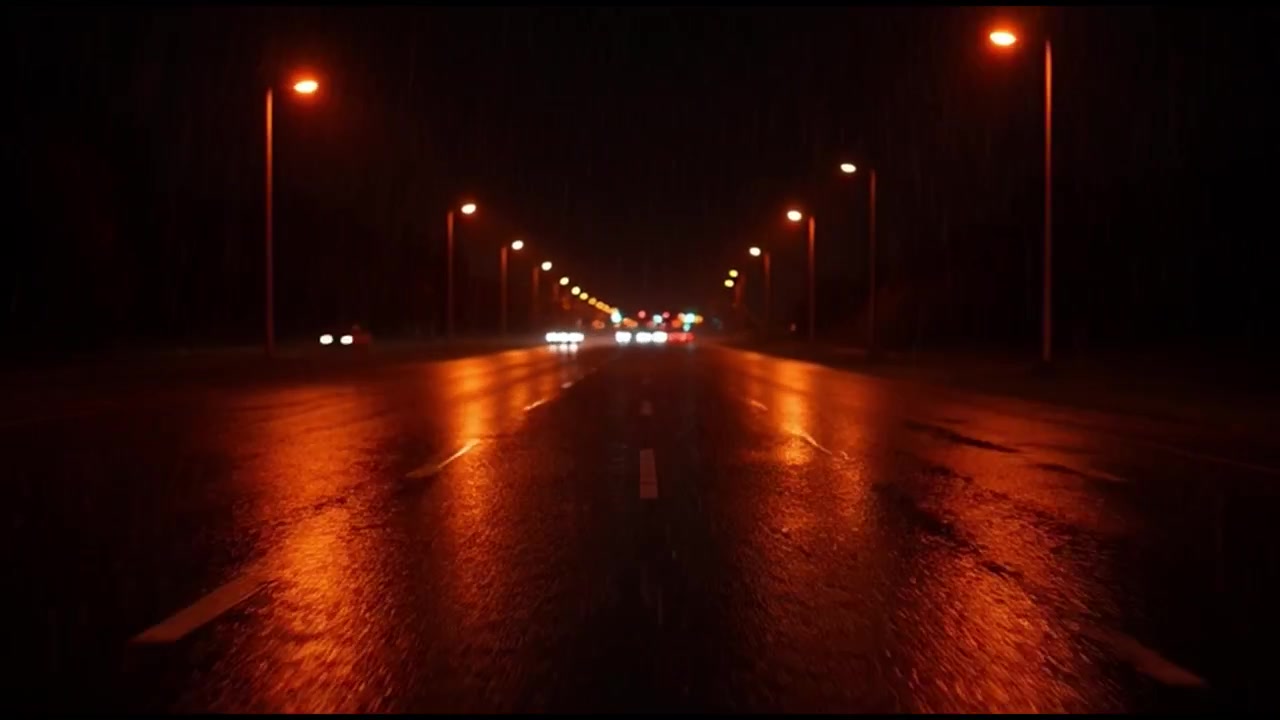 Guida su un'autostrada piovosa di notte con lampioni