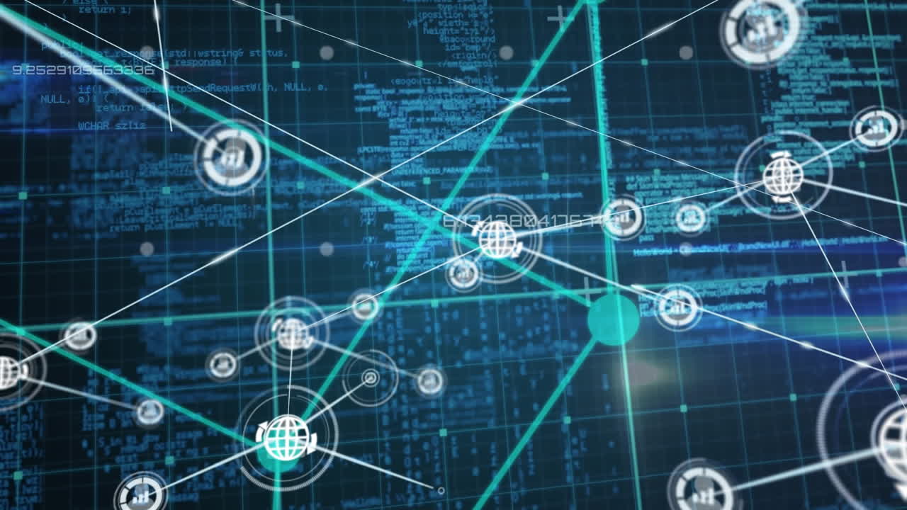Animation of network of connections with icons over data processing on black background