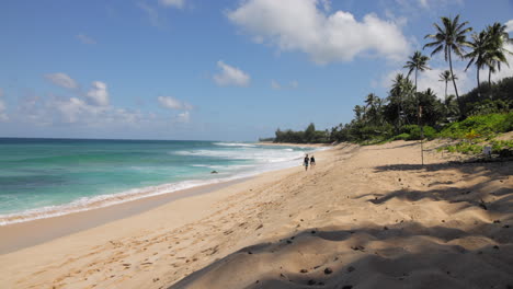 couple walking together in an empty beach in hawaii on a sunny summer day