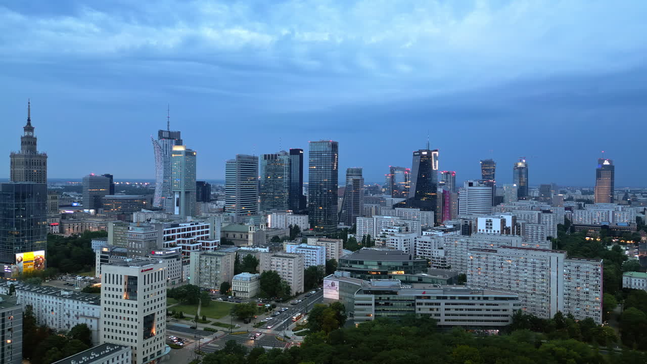 Aerial drone view of Warsaw, Poland on the River Vistula in the evening