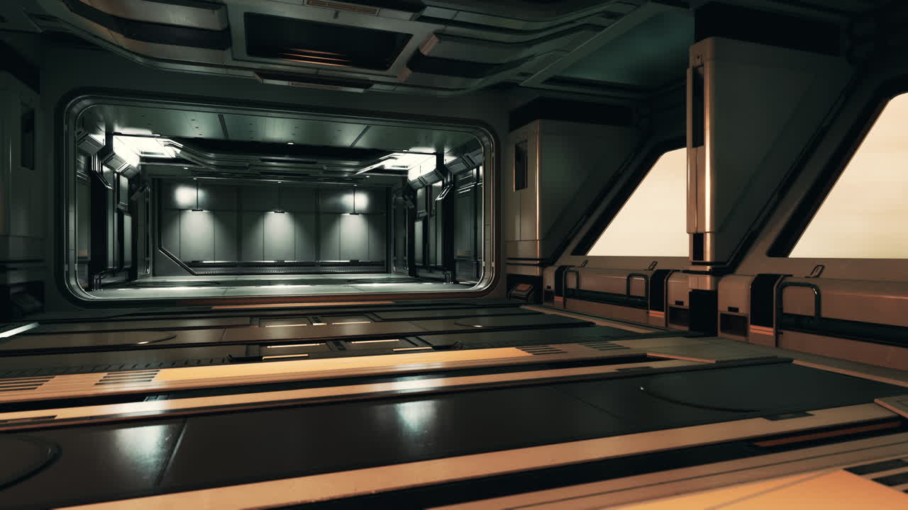 현실적인 미래의 공상과학 우주선 복도