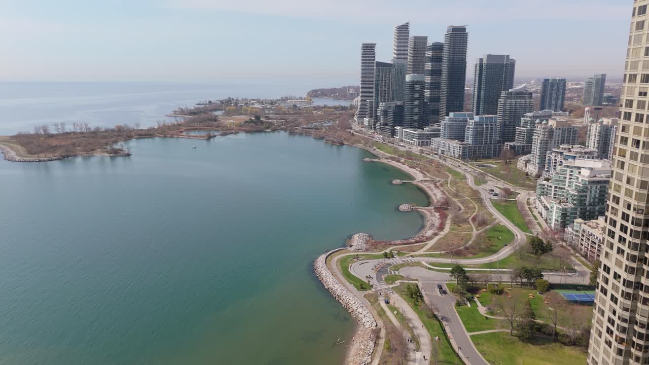 Waterfront Residential Buildings Along Humber Bay Shores Park In Toronto, Ontario, Canada. Aerial Drone Shot