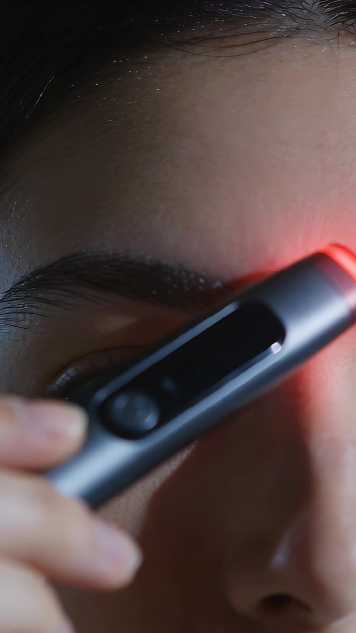 Vertical video: Placing device with red tip, hand scanning adult woman brow at vanity for grooming