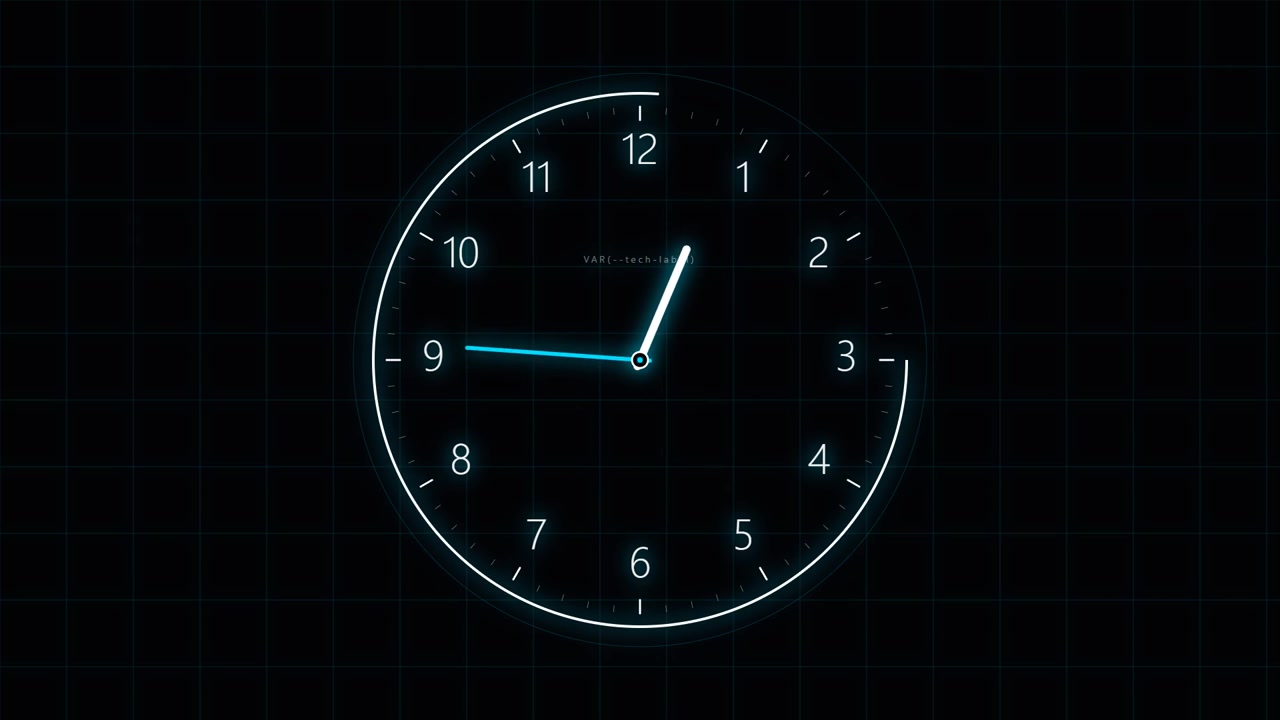 Digital Clock Face With Glowing Blue Hands Moving Fast