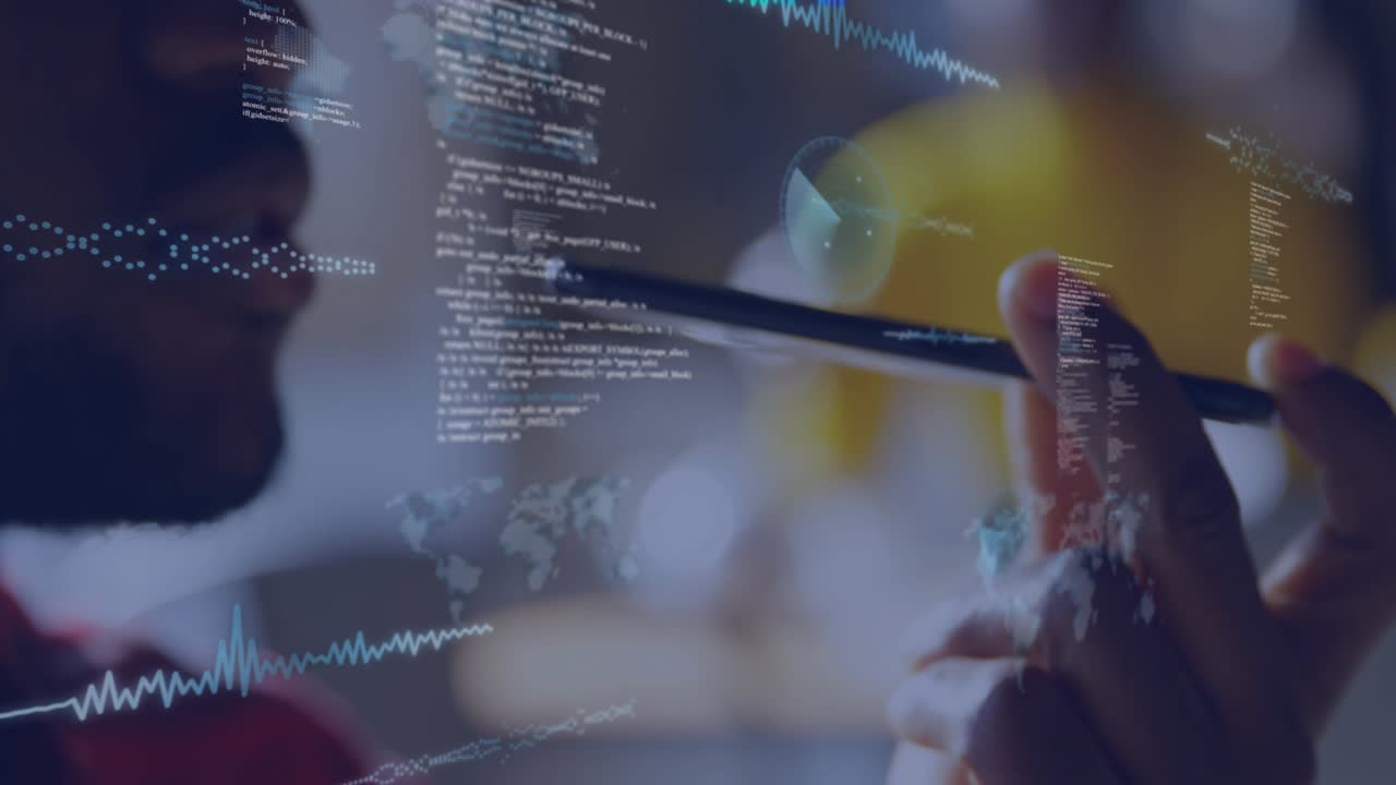 Man lifting phone toward mouth and speaking, starting code, waveform visuals for data visualization