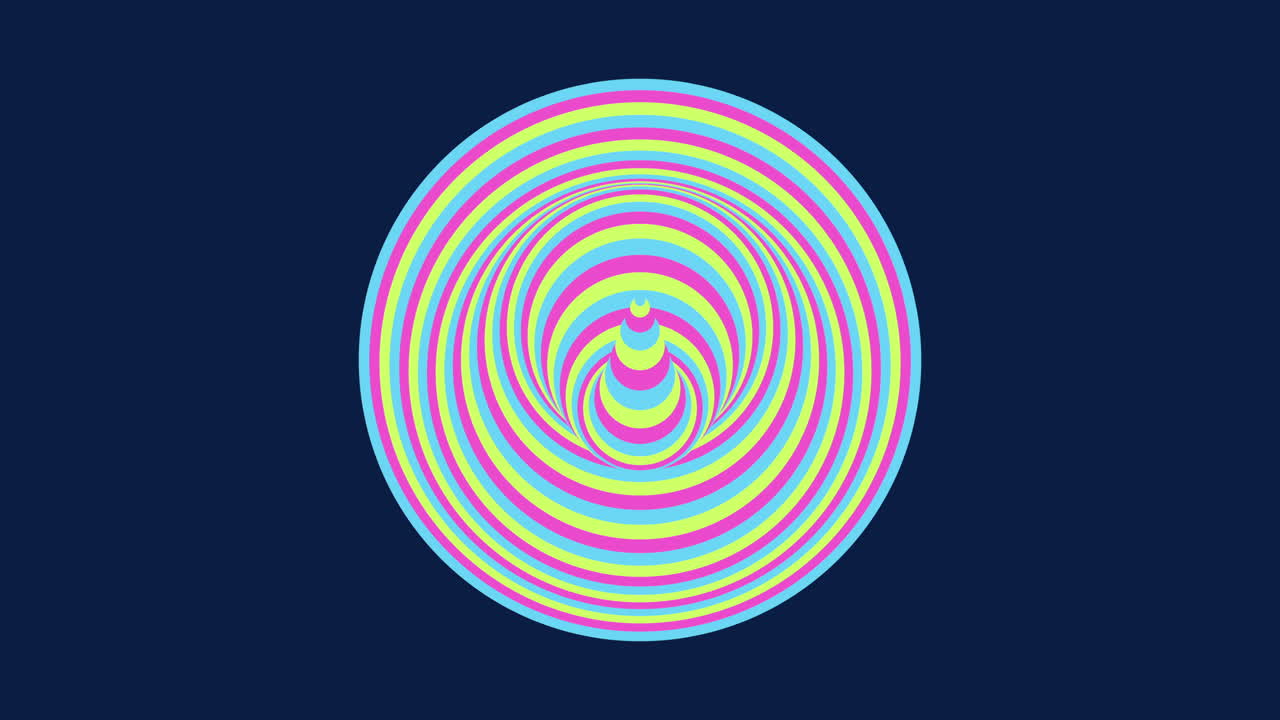 Vibrant spiral pattern symmetrical circular design with blue, purple, and pink lines on blue background