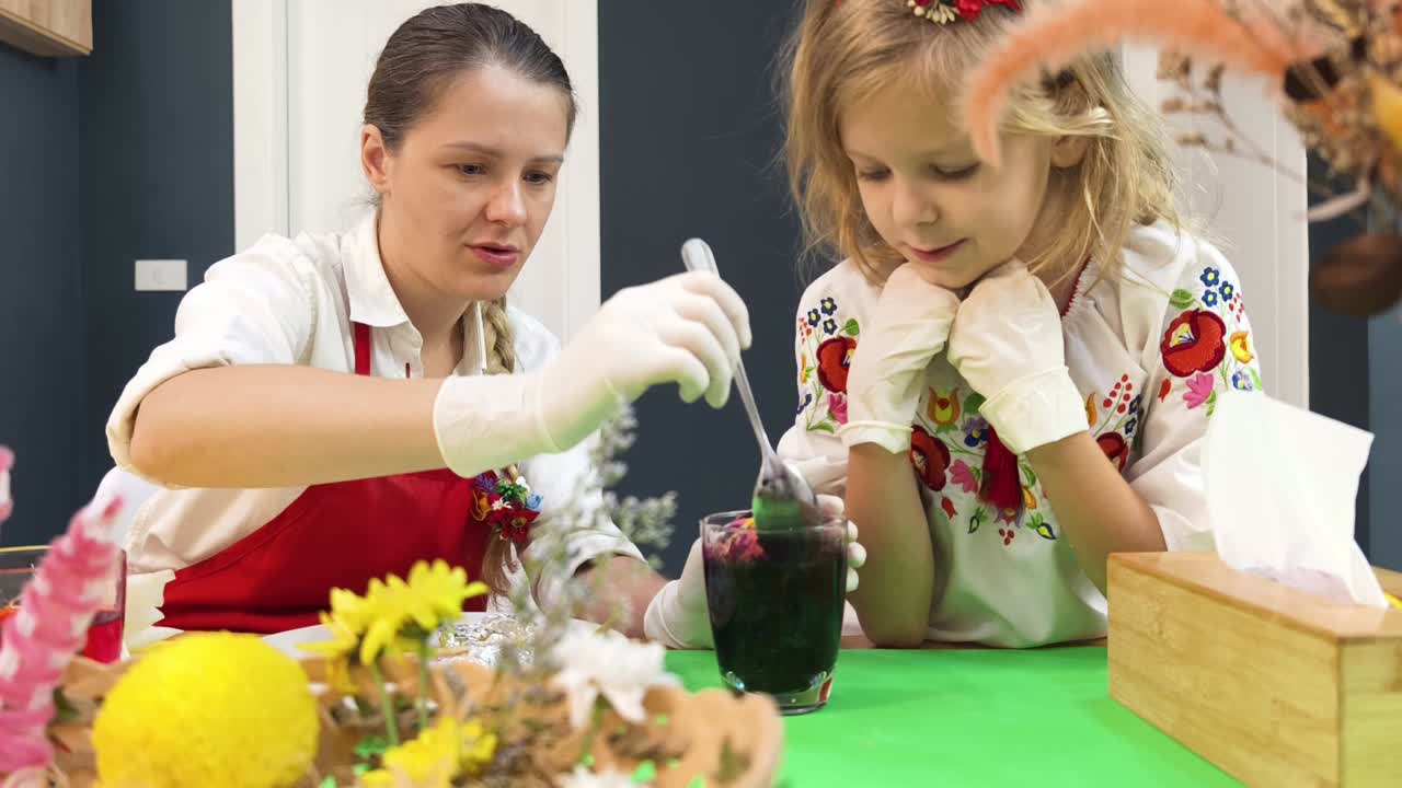 мама и дочь красят пасхальные яйца