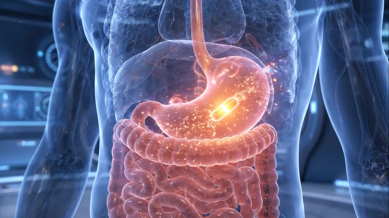 Stomaco e tratto intestinale luminosi evidenziati all'interno di un torso umano blu trasparente