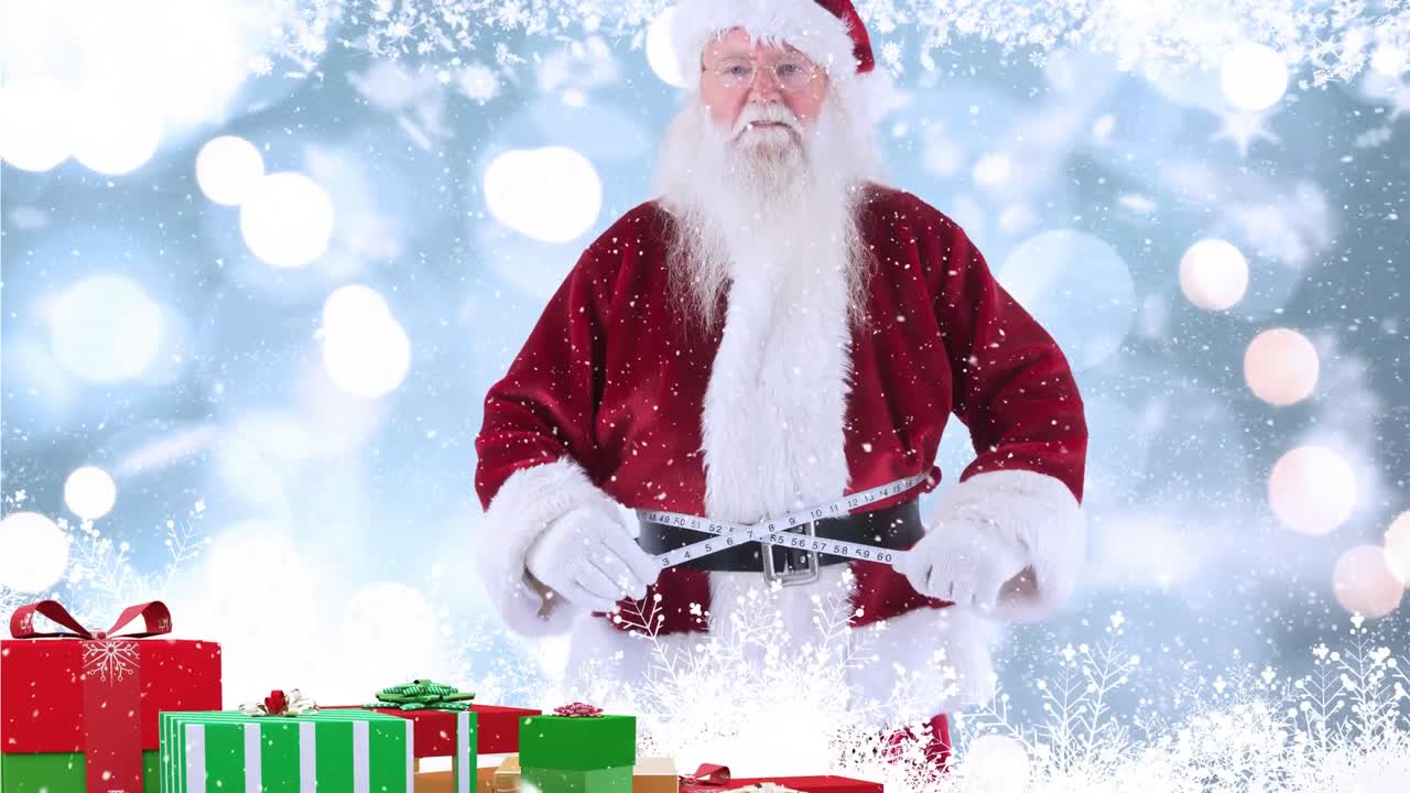 Babbo Natale con regali natalizi, combinato con neve che cade