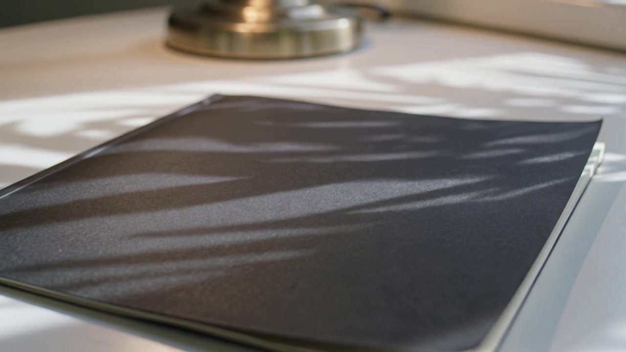 Luz solar que entra a raudales proyectando bandas deslizantes sobre un cuaderno negro en un escritorio blanco, con una lámpara y papeles.