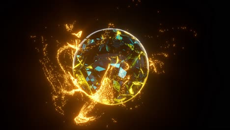 glowing golden particles surrounding around the planet, 3d rendering.