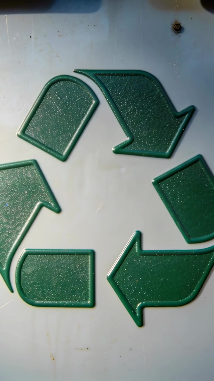 Video verticale: Panoramica della telecamera che si sposta in alto a destra su un pannello bianco, centrando un emblema verde del riciclo.