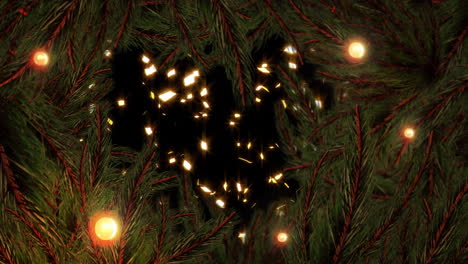 animation of snow falling over fir tree branches and fairy lights