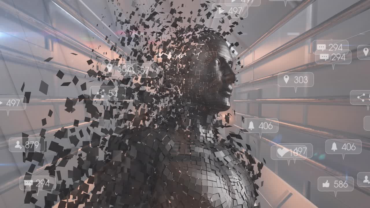 Animation of social media icons and human body model against tunnel in seamless pattern